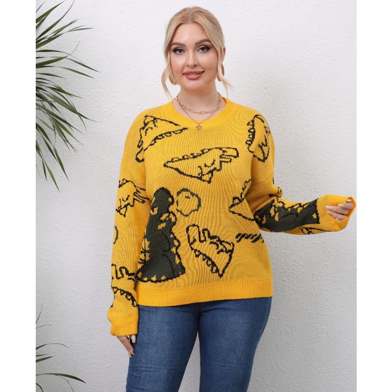 Plus Size Women S Thick Knit Dinosaur Print Pullover Sweater