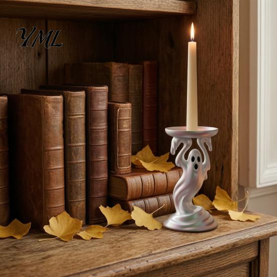 Unique Resin Crafts Cute Ghost Candle Holder, Iridescent Spooky Pedestal for Tealight Stand Taper Candles, Gothic Candlestick Home Table Decor