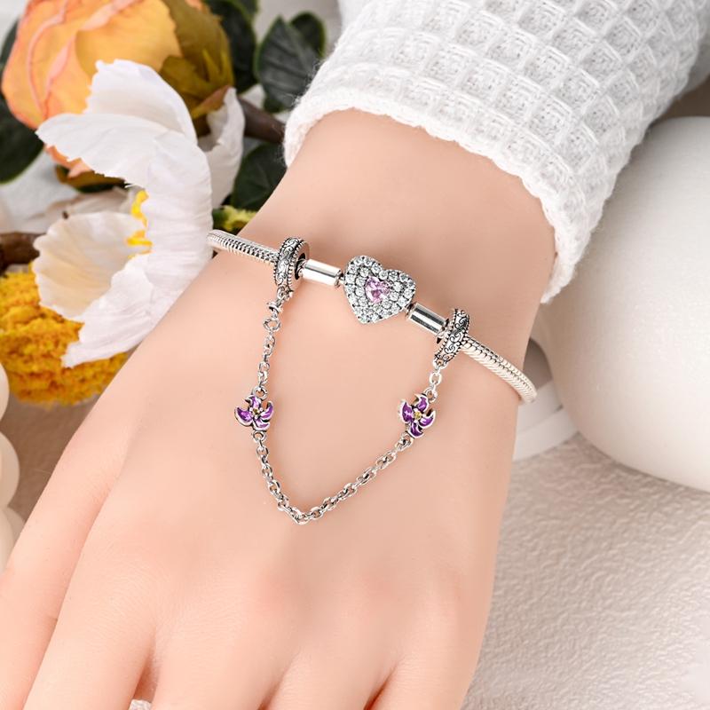 Original Copper Blue And Purple Flower Safety Chain Fit Pan Bracelet Diy Pendant Woman Party Jewelry Gifts