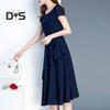 Sommerkleid für Damen, A-Linie, Patchwork, Midikleid, O-Ausschnitt, kurze Ärmel, Schnürung in der Taille, einfarbiges Kleid für Dating-Partys und Pendeln