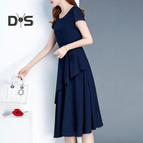 Lady Summer Dress A-line Patchwork Midi Dress O Neck Short Sleeves Lace-up Waist Solid Color Dress for Dating Parties Commuting