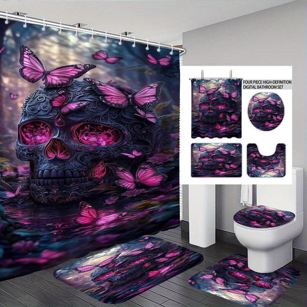 TikTok Halloween Badkamer 4-delige Set: Waterdicht Polyester Douchegordijn en Nat/Droog Afscheiding
