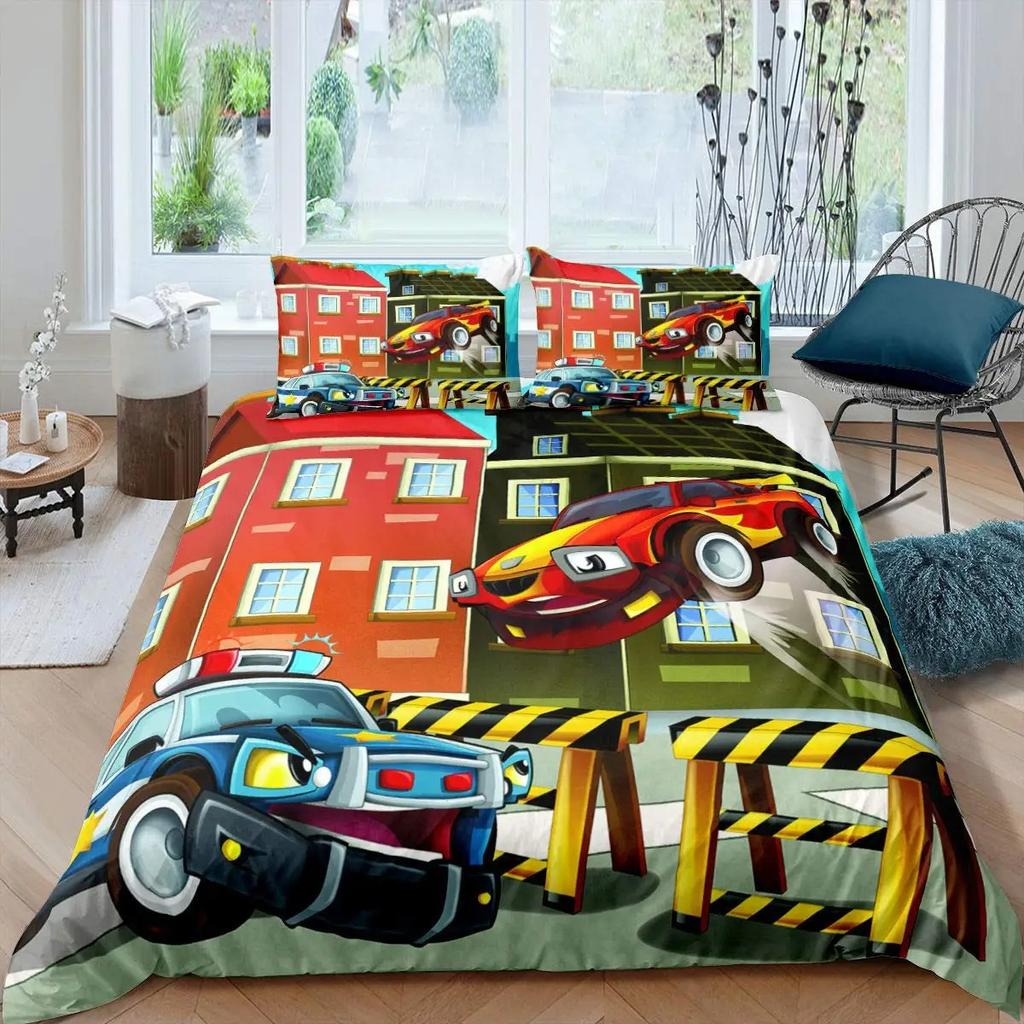 Police Car Duvet Cover Set Cartoon Car Bedding Set Kids Boys Blue Grey Emergency Responder Vehicles Polyester Quilt Cover