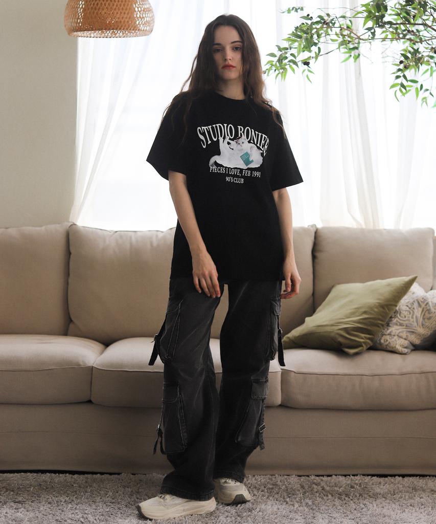 BONIEE Angel Cat Kitten Graphic Loose Oversized T-Shirt Black