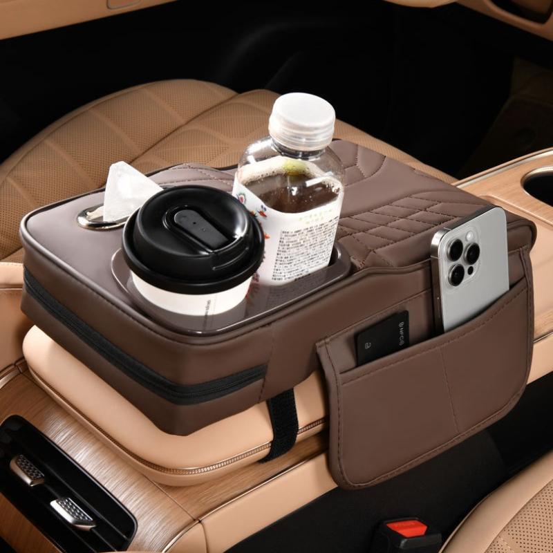 Auto-Armlehnenbox mit 2 Getränkehaltern, Taschentuchspender, Armlehne mit Aufbewahrungstasche, Auto-Leder, Höhenverstellung, Schutzabdeckung, Polster