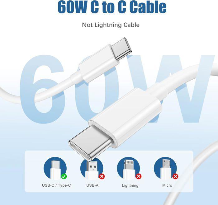 Chargeur - 20W - iPhone 15 Pro Max - Câble USB C 6FT - Charge rapide - Protection sécurité