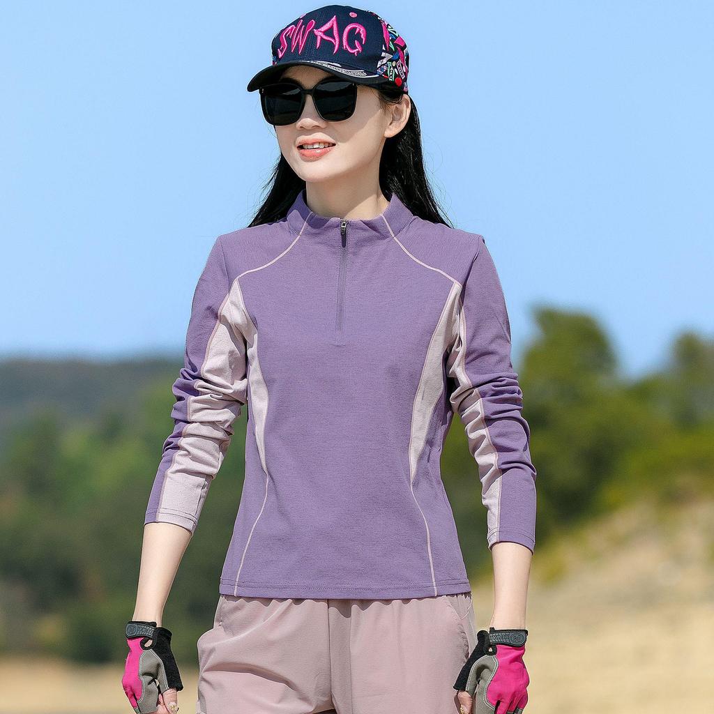 Women's Lightweight Quick-Dry Long Sleeve T-Shirt, Stand Collar, Breathable Patchwork for Hiking, Running, Outdoor Sports - Spring/Summer