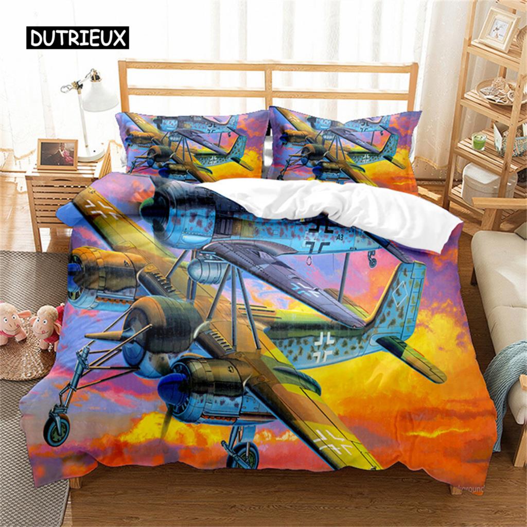 Bettwäsche-Set Flugzeug Kampfflugzeug Bettbezug Himmel Fliegen Kampfflugzeug King Queen für Kinder Jugendliche Junge Modern Cool Flugzeug Bettdeckenbezug
