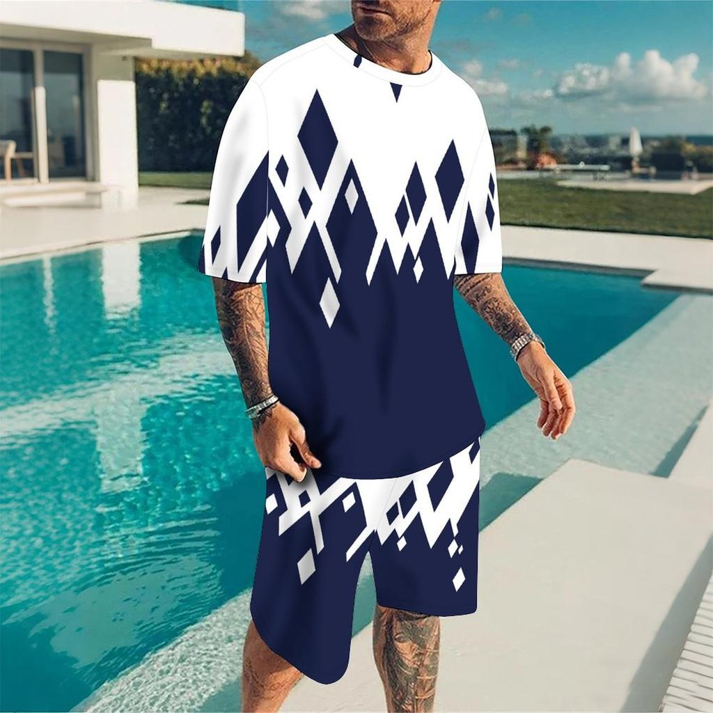 Men Gold White Geometric Triangle 3D Print Short Sleeve Tee And Matching Shorts Two Piece Outfit