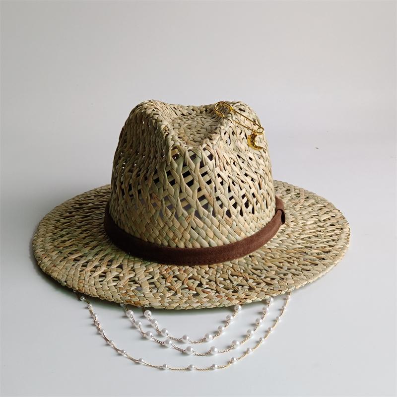 S European And American Style Pin Design Straw Hat Female Hollow Letter Sun Hat Fashion Metal Chain Sunshade Hat