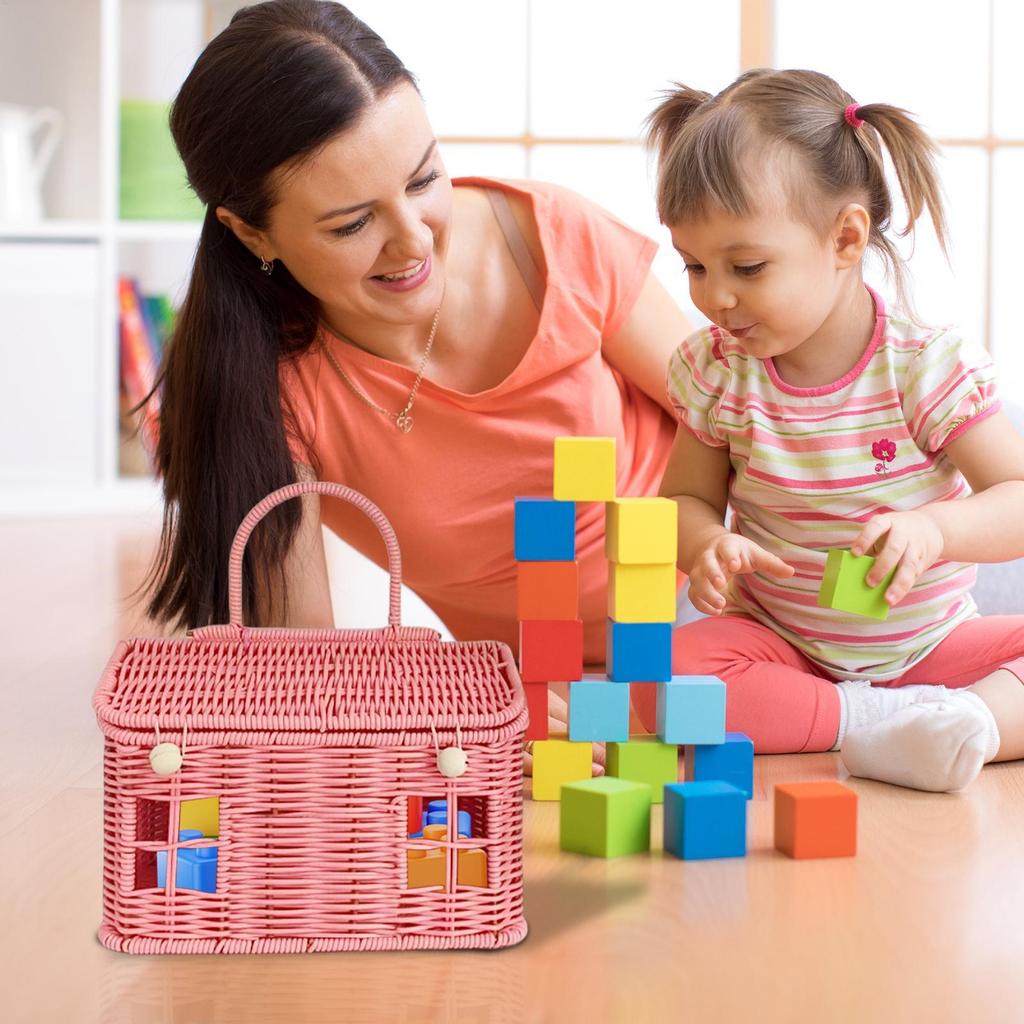 Cesto Decorativo a Forma di Casa in Rattan Sintetico 24x14x16cm con Coperchio Manico Intrecciato a Mano Organizer per Scaffale Decorazione per la Casa Cesti portaoggetti