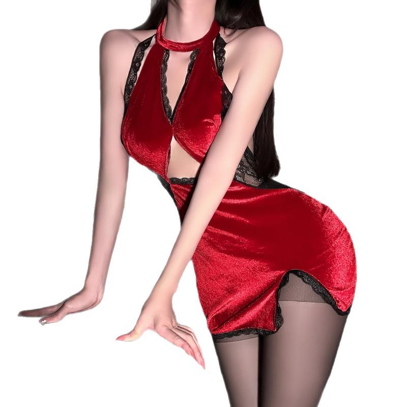 Sexy underwear sexy hot lace splicing velvet temperament gathering and thin purple classical neck cheongsam