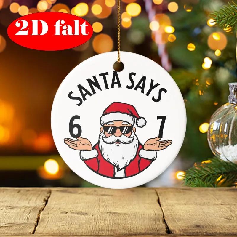 2D Flat Santa Claus Round Ceramic Pendant Christmas Tree Hanging Ornaments Holiday Party Home Decor