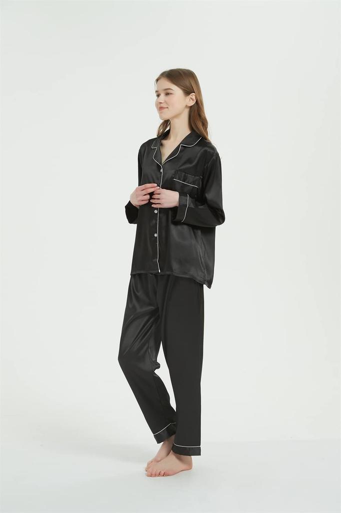 KUMASEN Silk and Satin Pajama Long Open Size M Women's Set, Loungewear, Sleeves, Front, Black,