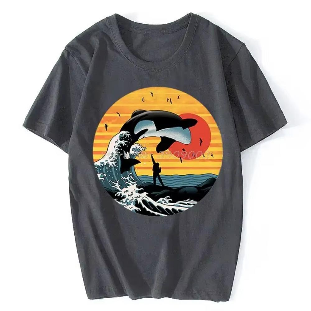 Japan Ukiyoe Style Great Killer Orcas Whale Wave Funny Tshirt  T-shirt Men's Clothing Oversized Unisex Tops