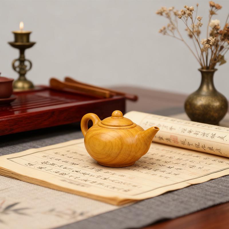 Pendentif Porte-clés Accessoire Théière en Bois de Santal Doré Wenwan Sculpté