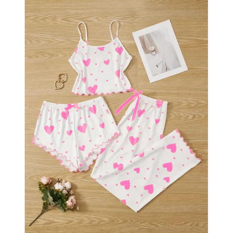 

Homewear set, sweet suspenders, three-piece set, European and American summer pit strips, love printed short trousers, pajamas for women S