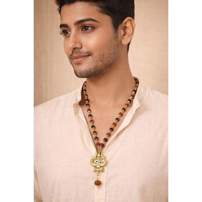 Om Trishul Rudraksha Karungali Mala Necklace for Men & Women