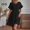 Summer Mini Dress Ruffled Short Sleeves O Neck Pleated A-line Dress Pure Color Loose Hem Dress for Dating Shopping Travel