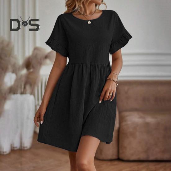 Summer Mini Dress Ruffled Short Sleeves O Neck Pleated A-line Dress Pure Color Loose Hem Dress for Dating Shopping Travel