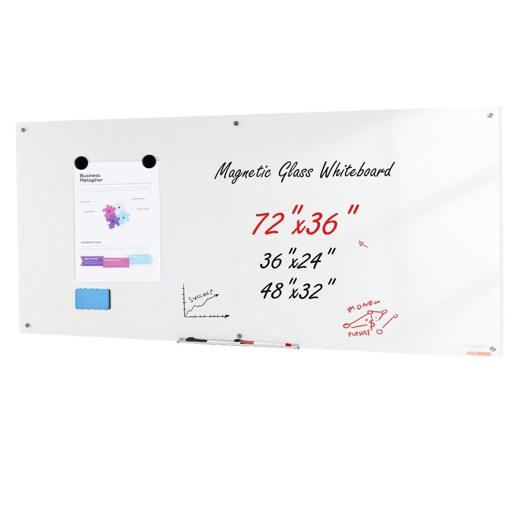 Magnetic Glass Whiteboard, Dry Erase Board 72"x36", Wall-Mounted Large White Glassboard Frameless, with Marker Tray, an Eraser and 2 Markers, White