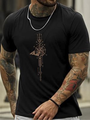 Ευρωπαϊκά μεγέθη Ανδρικό T-Shirt με Γραφικό Βέλος και Πυξίδα - Διαπνέον Κανονικής Εφαρμογής Κοντομάνικο T-Shirt για Γυμναστήριο