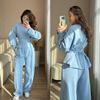Women Two Piece Set Elegant Puff Sleeve Blouse High Waist Wide Leg Pants Casual Office Suit