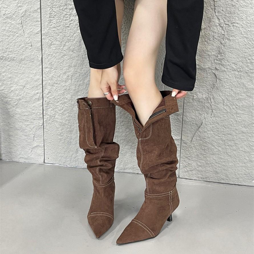 French Pointed High-heeled Western Cowboy Boots Women's Autumn and Winter New Models But Knee Women's Boots Trend Stacking Boots Fashion Boots