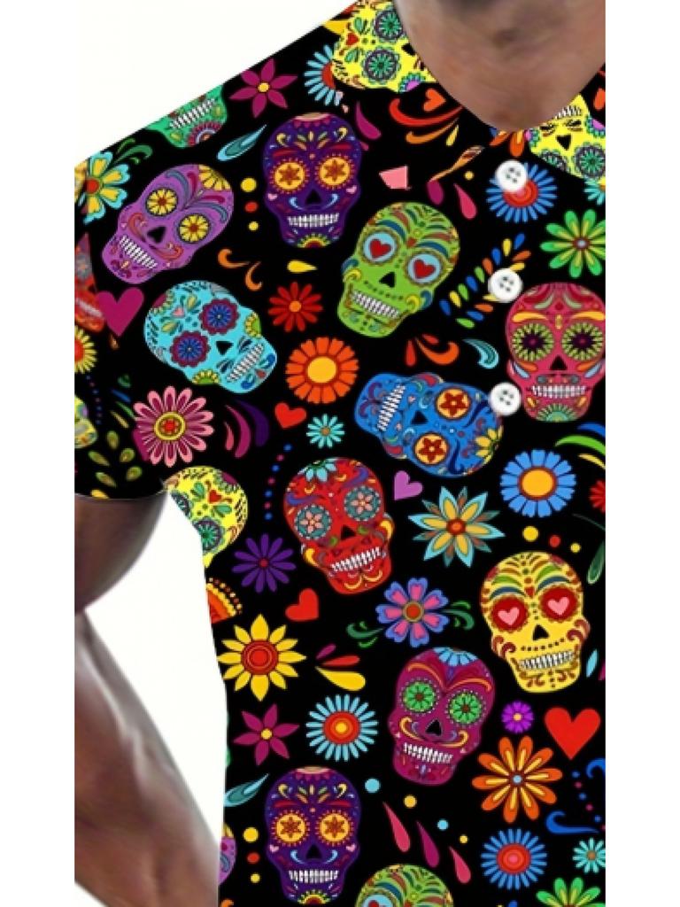 [Print Design - Not Textured] Men'S Fashion Polo Shirt with Print Design Short Sleeves, Skull And Floral Print Short Sleeves - Lightweight Breathable