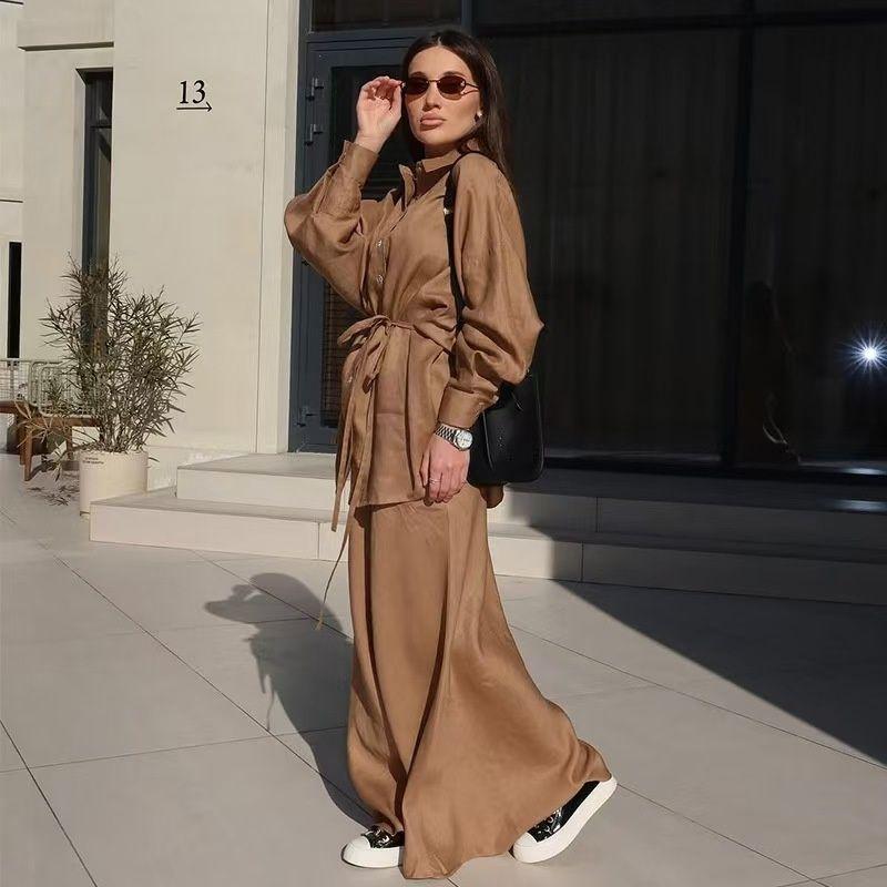 

European and American New Fashion Casual Loose Shirts Skirt sets Loose Shirt and Skirt Set Caramel color S