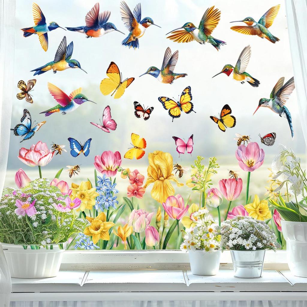 2026 Spring Window Stickers: Butterfly Flowers & Hummingbirds, Double-sided Glass Decoration for Living Room