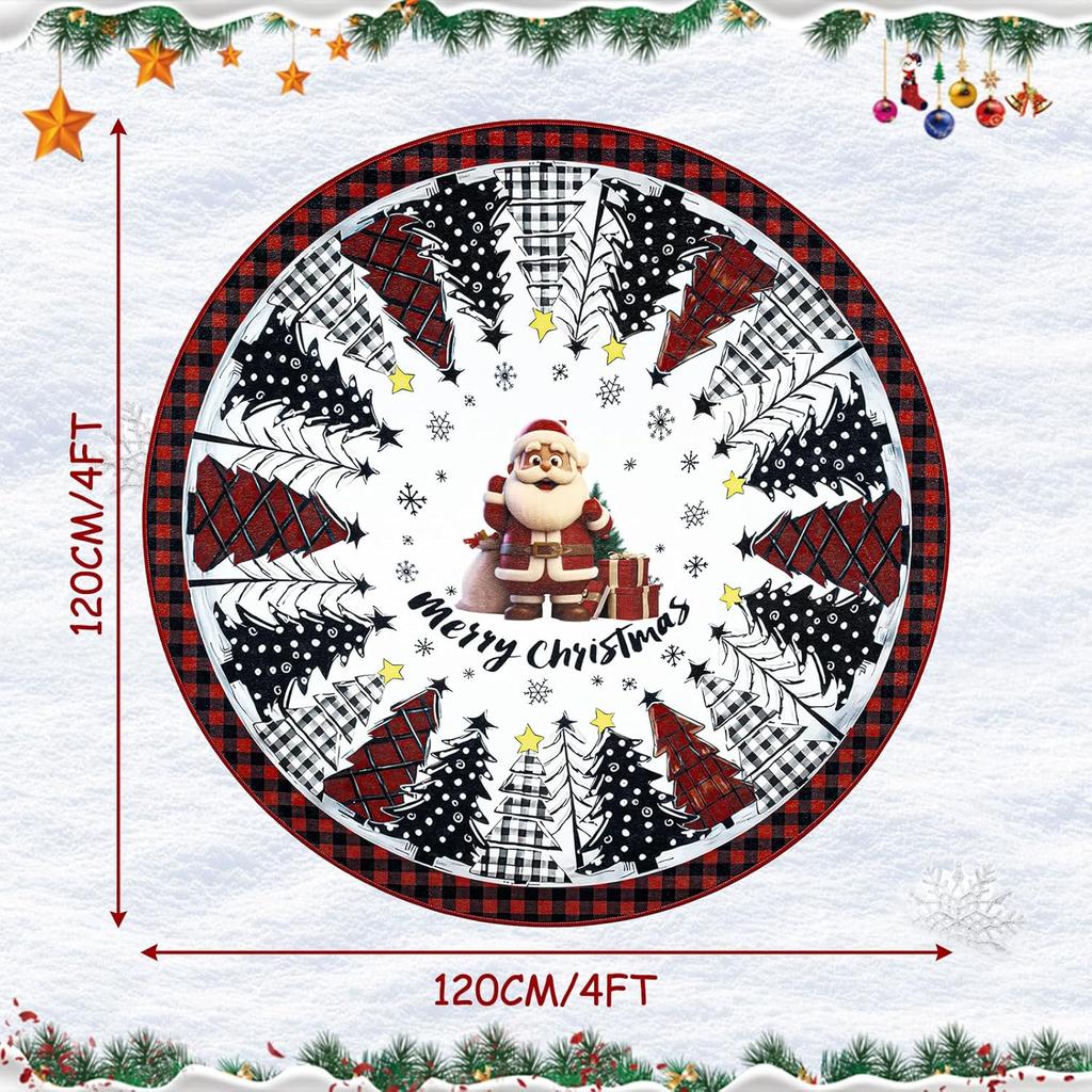Merry Christmas Round Area Rug Non-Slip Low Pile Red Black Grid Xmas Tree Snowflake Carpet Farmhouse Washable Rugs Soft Xmas