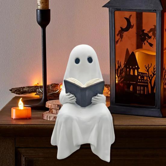Spøkelseslesende statue Resin Sittende spøkelsesfigur Leser en bok til Halloween Bokhylle Kontorpultdekorasjon