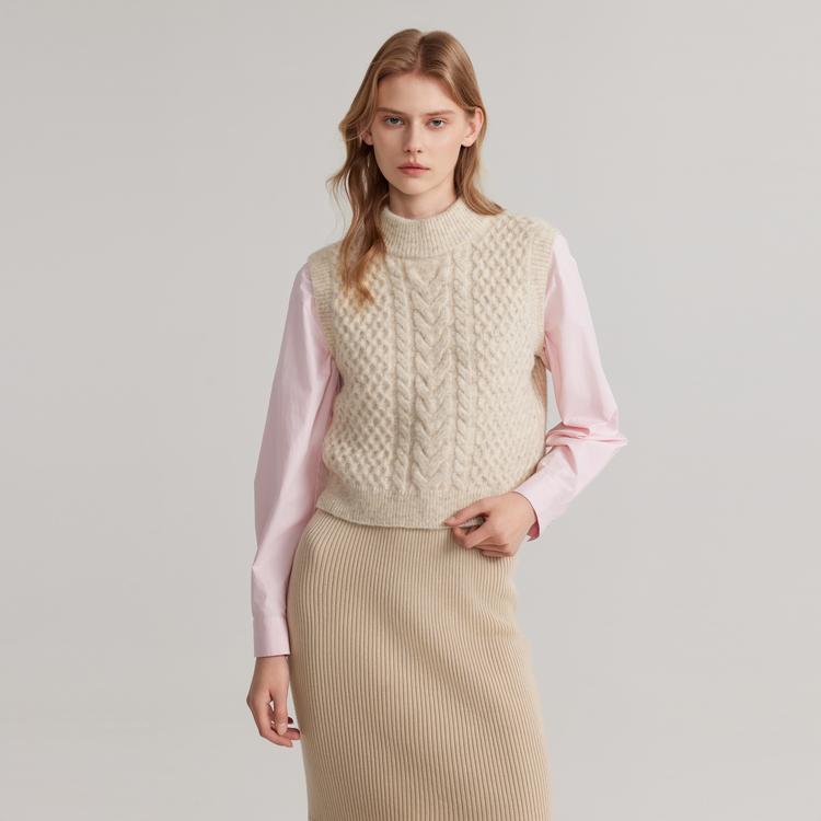ELLE French Design Sleeveless Soft Round Neck Pullover Knit Vest Women tops Beige L7WZT113