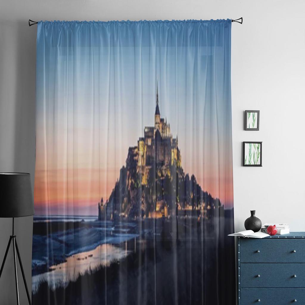 Mont Saint Michel França Cortinas transparentes para sala de estar, quarto, cortinas de voile para janela, cortinas de organza, cortinas de tule para festa