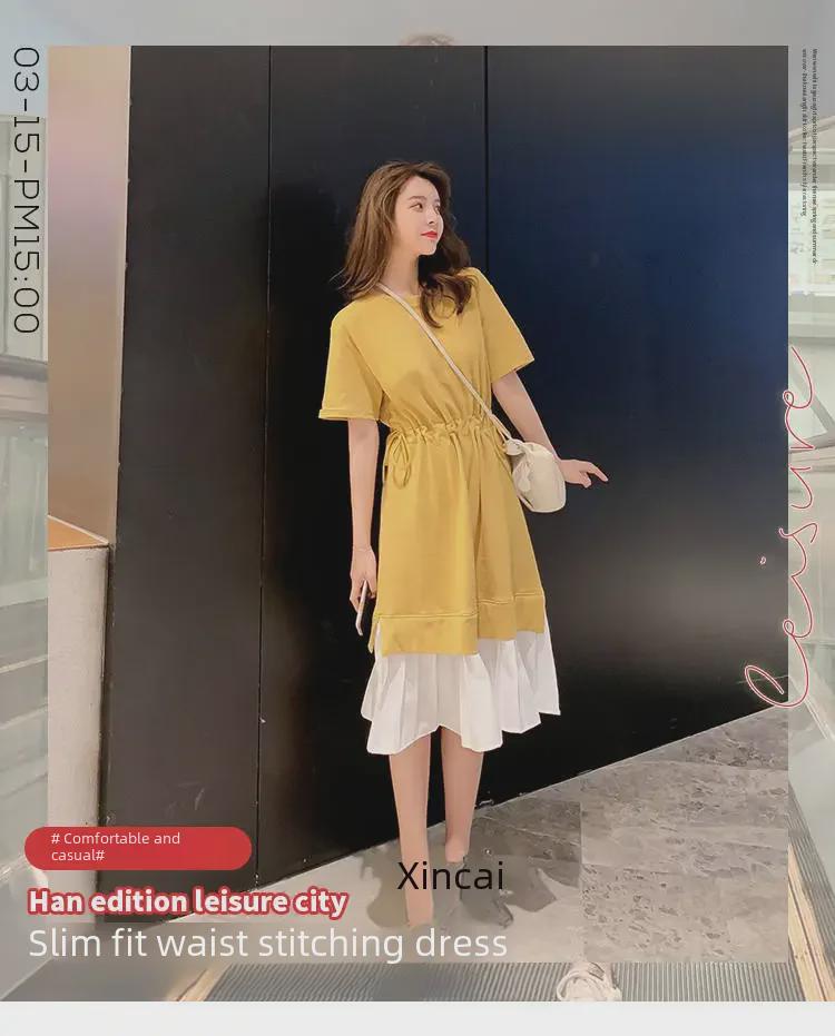 Locker sitzendes Umstandskleid im koreanischen Stil – zweiteiliges gespleißtes Design, über dem Knie lang, lässige Sommerkleidung