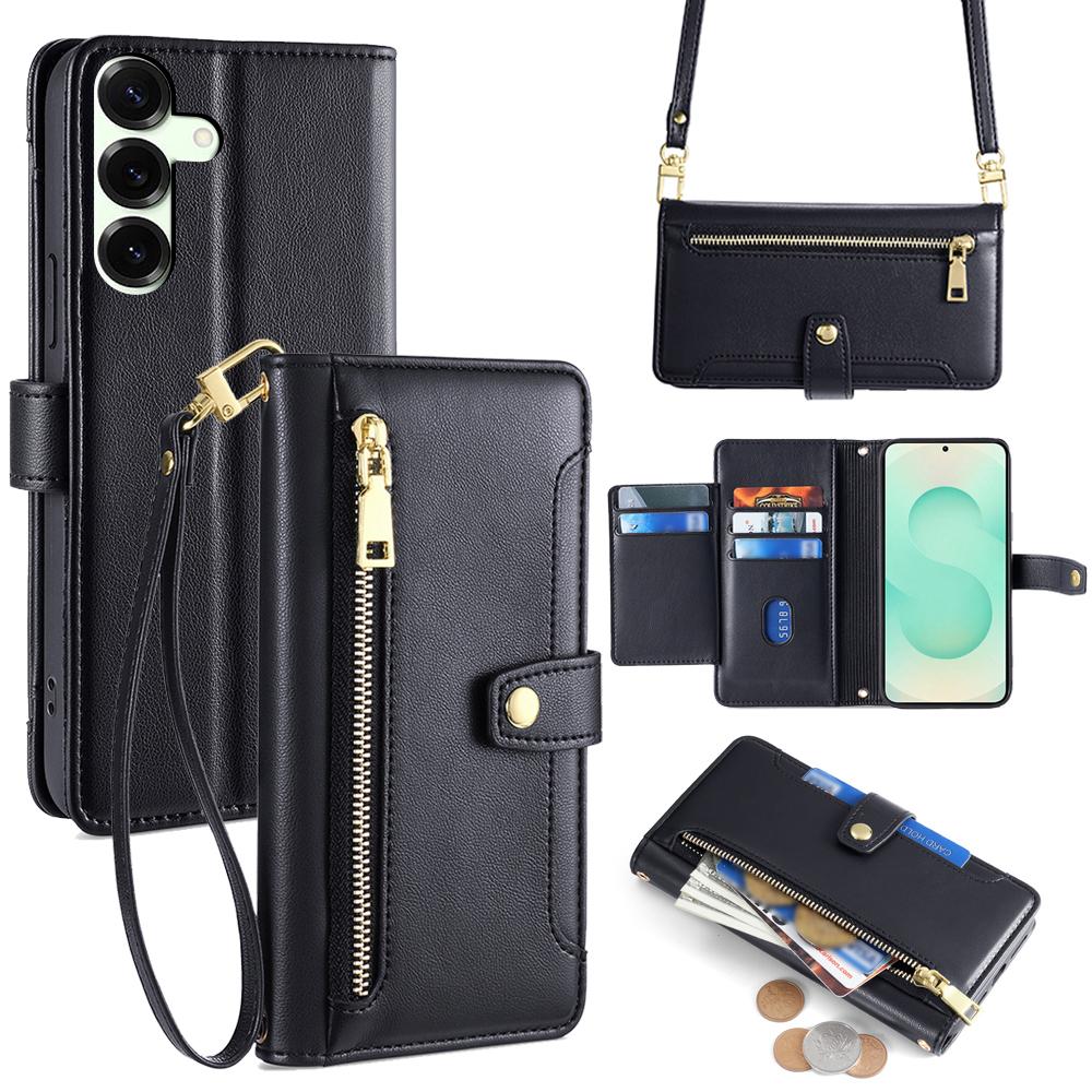 Pro Samsung Galaxy S25+ Kožené pouzdro Kapsa na zip Peněženka Kryt na telefon se 2 popruhy