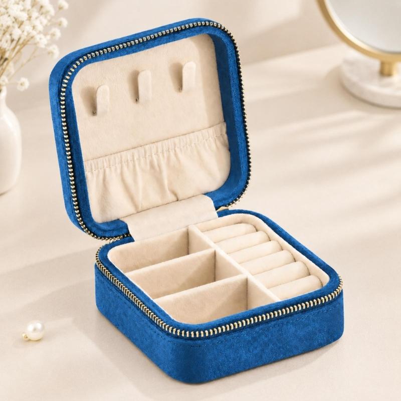 Travel Jewelry Case with Fabric Exterior, Wraparound Zipper, Base Compartments, Ring Rolls, and Elasticized Lid Pocket