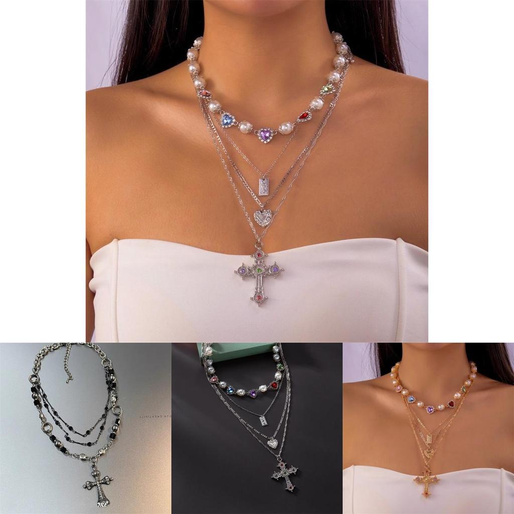 Gothic Cross Choker Necklace For Women With Geometric Pendant And Gold Finish