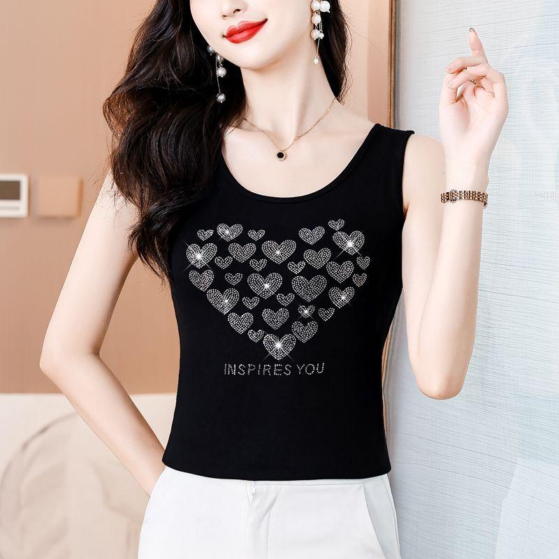 Damen Ärmelloses Rundhals T-ShirtSommer Mama Outfit Schwere Strasssteineht Stilvolle Lockere PassformSchlankmachende und Altersreduzierende Bluse