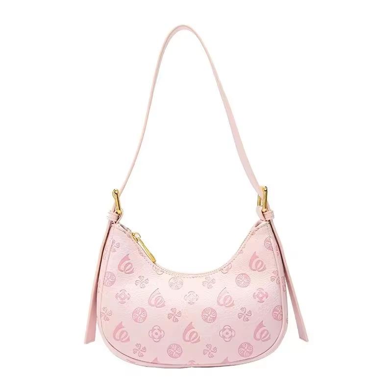 

Brand Designer PU Leather Floral Print Women s Shoulder Bag Casual Crossbody Bag Pink Crescent-shaped Shoulder Bag for Commuting рожевий
