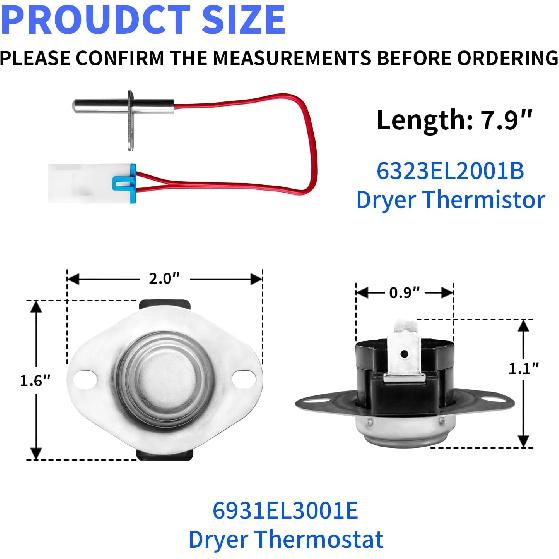 6931EL3003D Limit Thermostat & 6931EL3001E Thermostat & 6323EL2001B Thermistor Compatible with LG Dryers Replaces AP4440975, 1268366, 6931EL3003E,