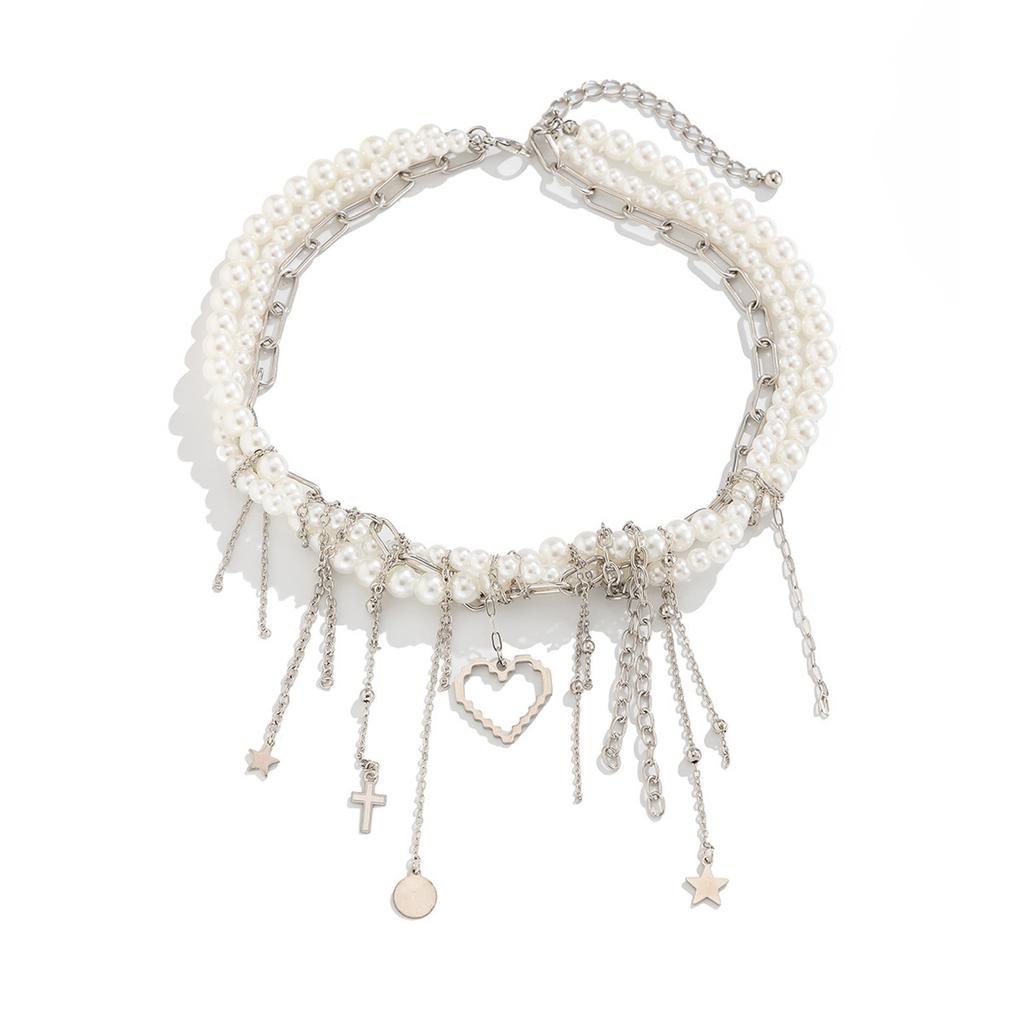 Multilayer Vintage Star Heart Tassels Pendant Necklace Beads Chain Necklace Elegant Necklace Suitable for Party Daily