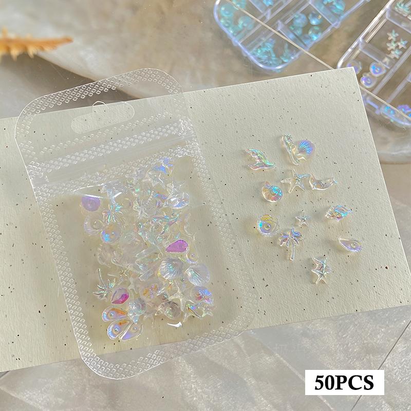 50Pcs Ocean Nail Art Charms Aurora Shell Starfish Mermaid Tail Nail Art Decors Gem Beach  Ice Clear Nail Decorations