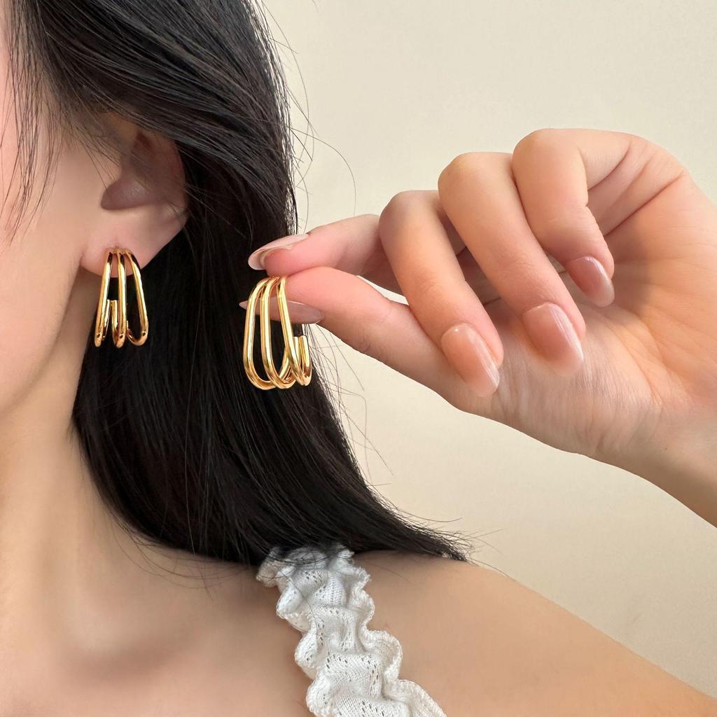 Gold Titanium Steel Multilayer Hoop Earrings - Light Luxury, Colorfast, High-End Feel