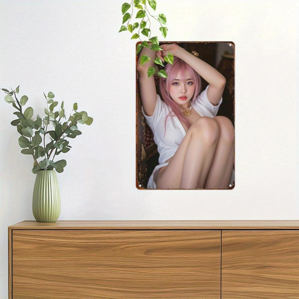 Vintage Anime Girl Metal Sign, Pink Hair Manga Art Wall Decor for Home Garage Man Cave