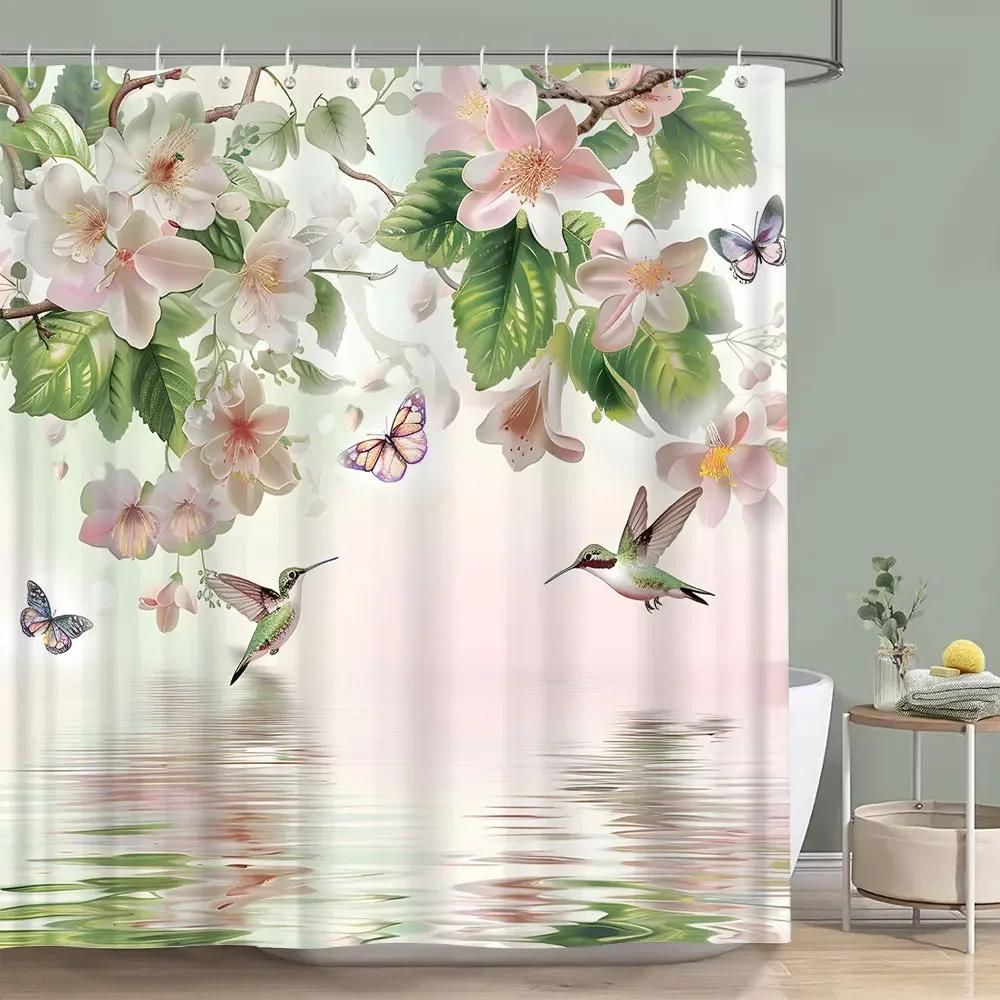 Hummingbird Floral Shower Curtain Birds Watercolour on Flower Branches Printed Polyester Bath Curtains Bathroom Decor with Hooks