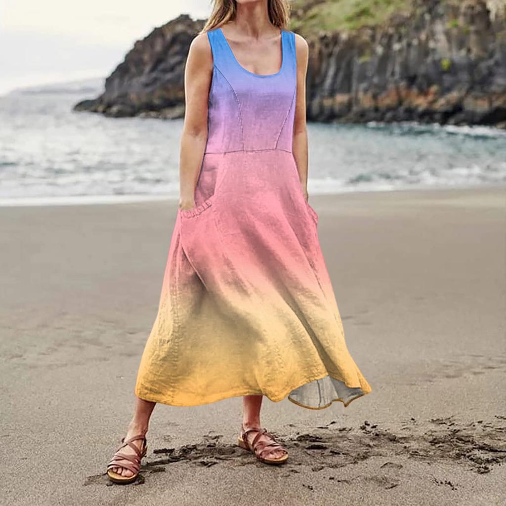 Women's Summer Casual Fashion Flower Printed Sleeveless  Pocket Dress