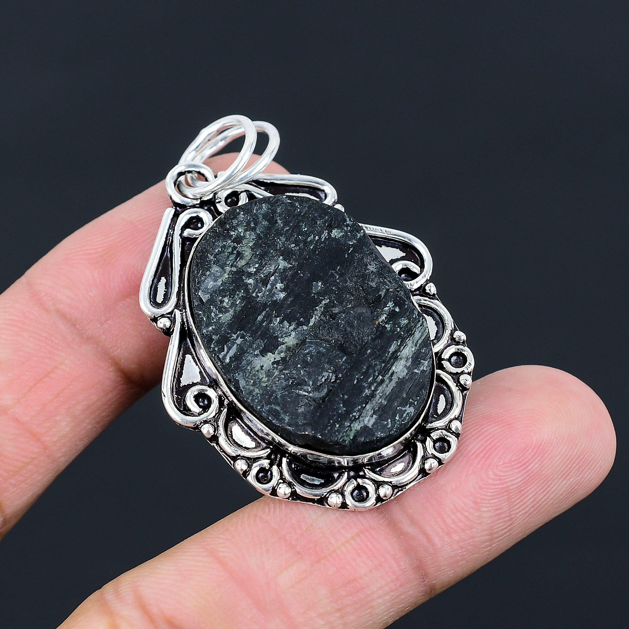 

925 Sterling Silver Oval Black Tourmaline Rough Stone Bezel New Sister Pendant