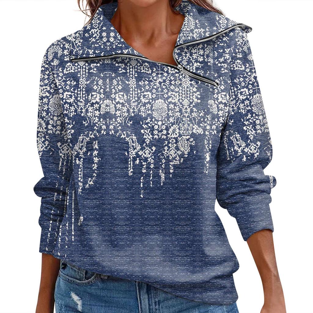 Ladies' Autumn And Winter Top With Zipper, Casual Retro Floral Print Long Sleeved Top